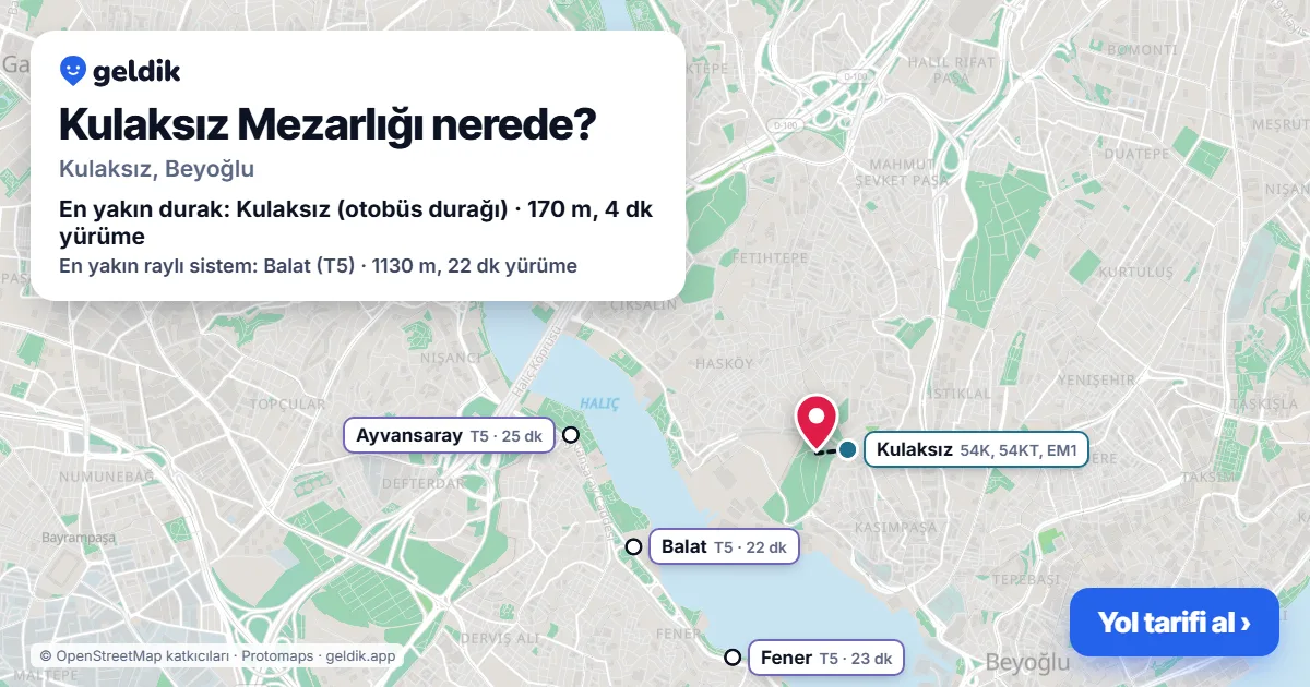 Kulaksız Mezarlığı nerede: haritada konumu ve en yakın duraklar, yürüme süreleriyle