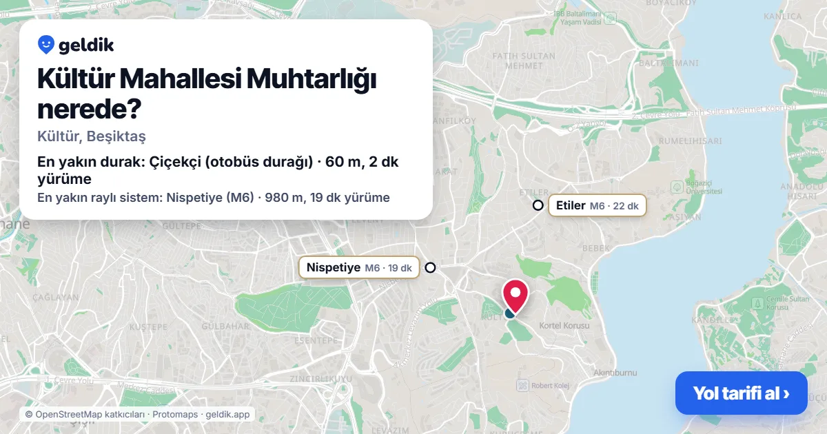 Where is Kültür Mahallesi Muhtarlığı: map with its location and the nearest stops, with walking times