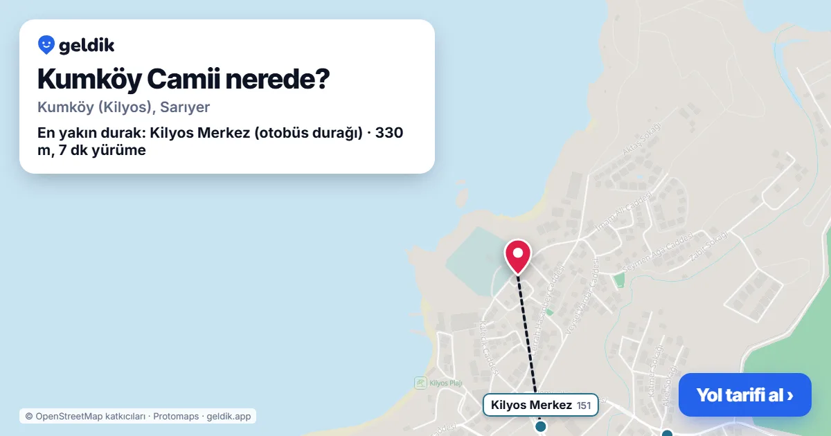 Kumköy Camii nerede: haritada konumu ve en yakın duraklar, yürüme süreleriyle
