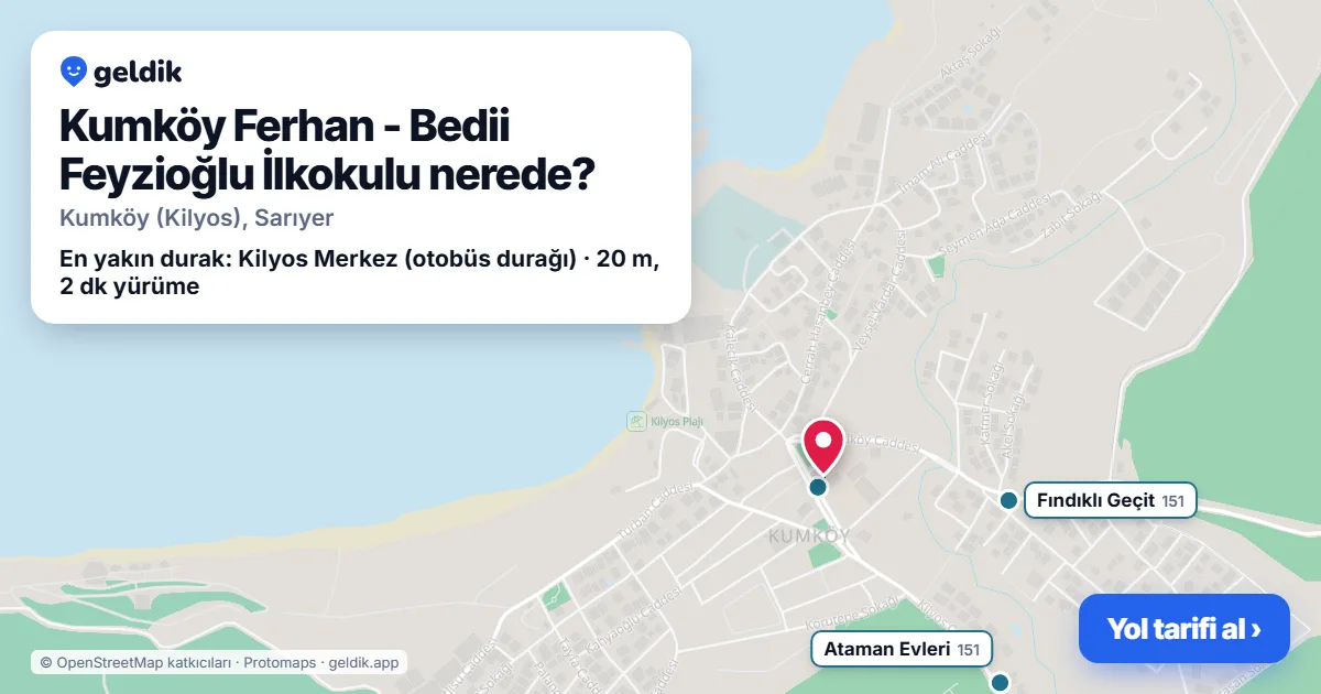 Kumköy Ferhan - Bedii Feyzioğlu İlkokulu nerede: haritada konumu ve en yakın duraklar, yürüme süreleriyle