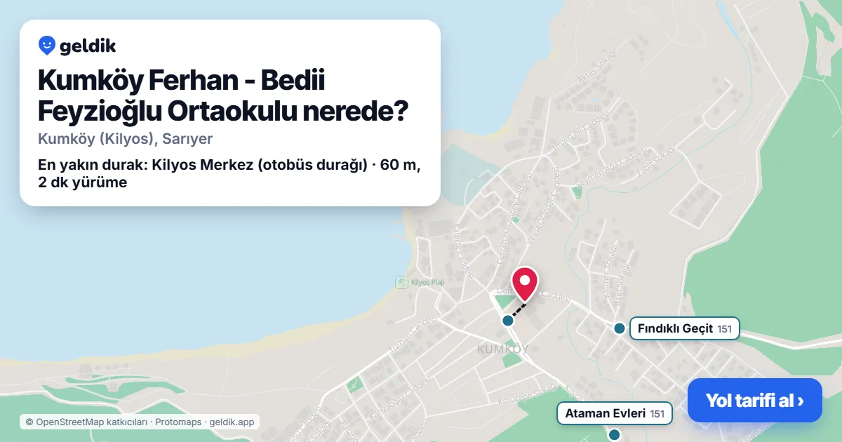 Kumköy Ferhan - Bedii Feyzioğlu Ortaokulu nerede: haritada konumu ve en yakın duraklar, yürüme süreleriyle