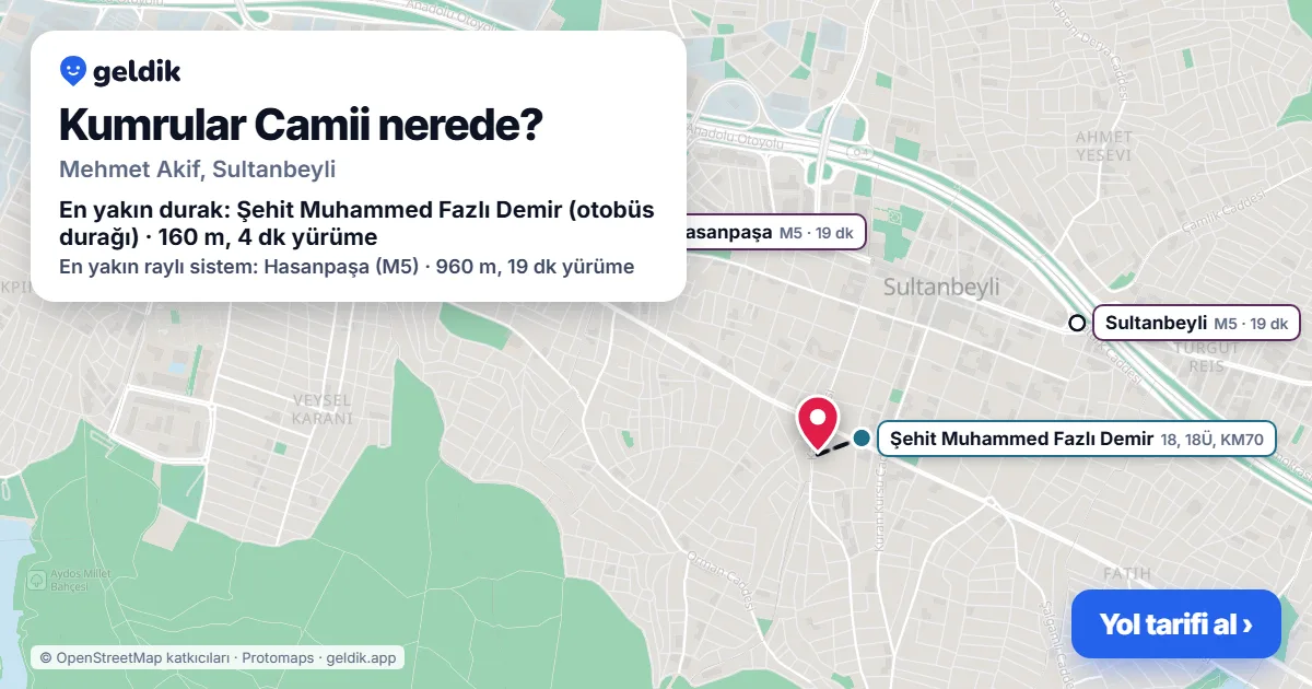 Where is Kumrular Camii: map with its location and the nearest stops, with walking times