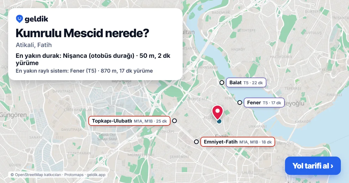 Kumrulu Mescid nerede: haritada konumu ve en yakın duraklar, yürüme süreleriyle