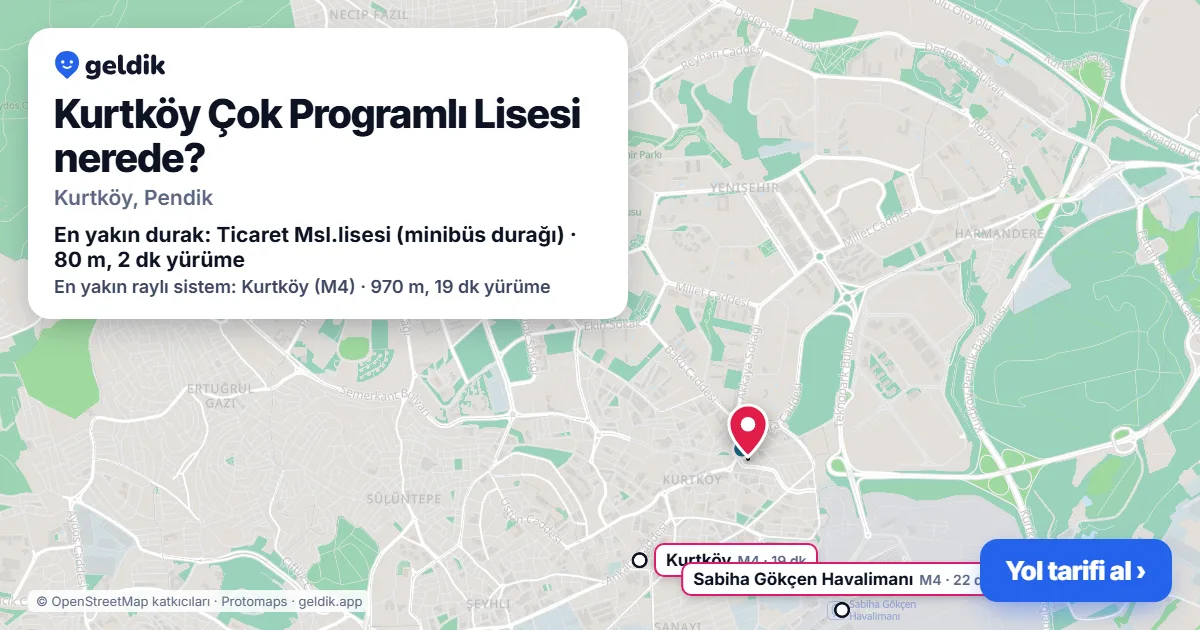 Where is Kurtköy Çok Programlı Lisesi: map with its location and the nearest stops, with walking times