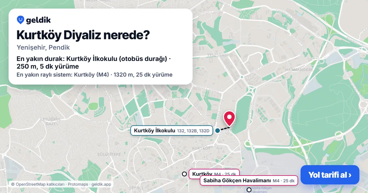 Kurtköy Diyaliz nerede: haritada konumu ve en yakın duraklar, yürüme süreleriyle