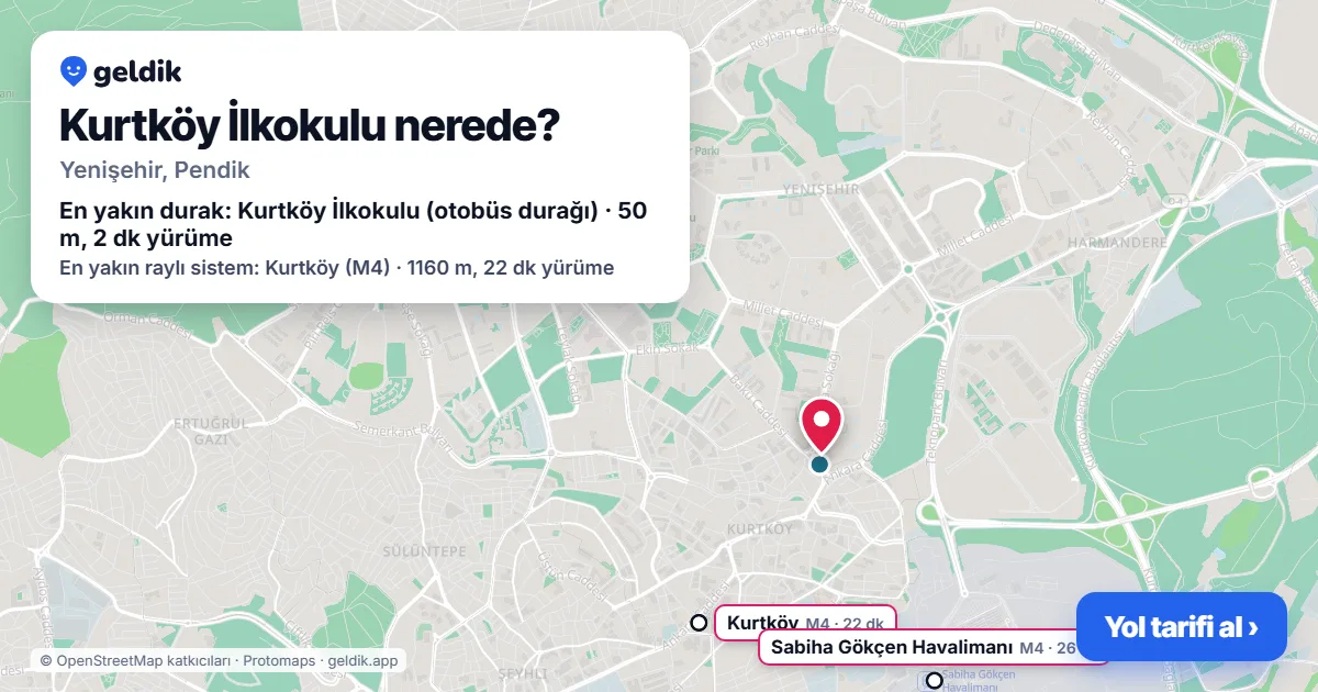 Kurtköy İlkokulu nerede: haritada konumu ve en yakın duraklar, yürüme süreleriyle