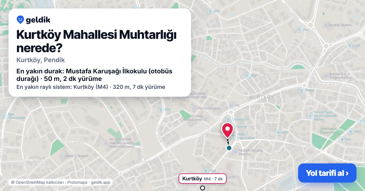 Where is Kurtköy Mahallesi Muhtarlığı: map with its location and the nearest stops, with walking times