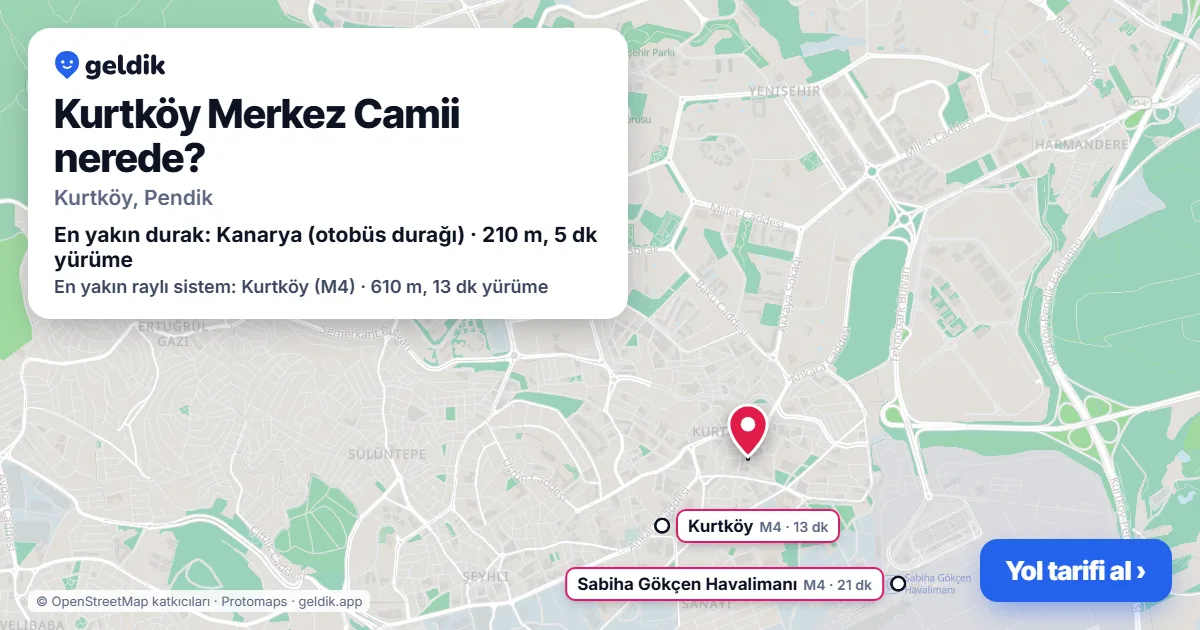 Where is Kurtköy Merkez Camii: map with its location and the nearest stops, with walking times