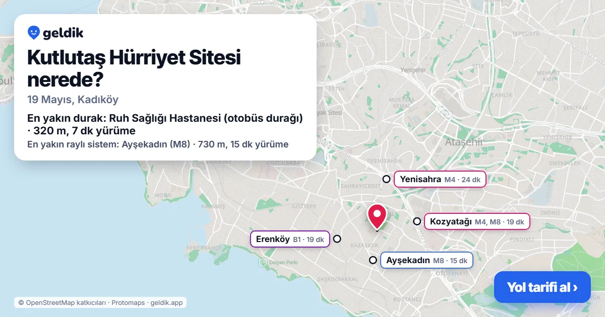 Kutlutaş Hürriyet Sitesi nerede: haritada konumu ve en yakın duraklar, yürüme süreleriyle