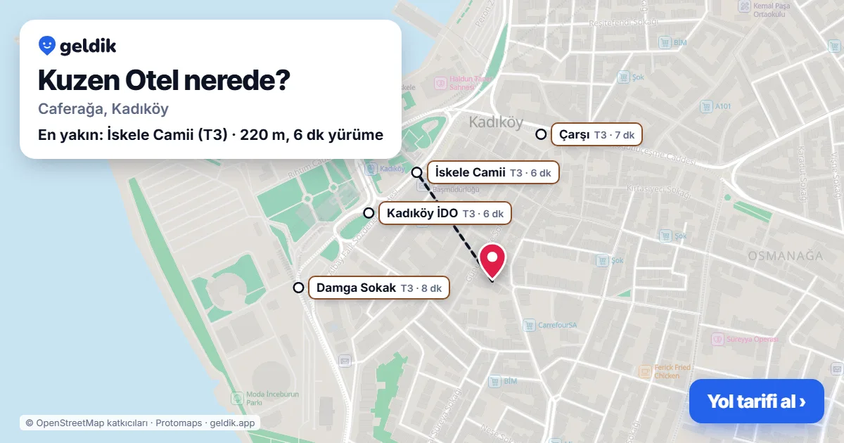 Where is Kuzen Otel: map with its location and the nearest stops, with walking times