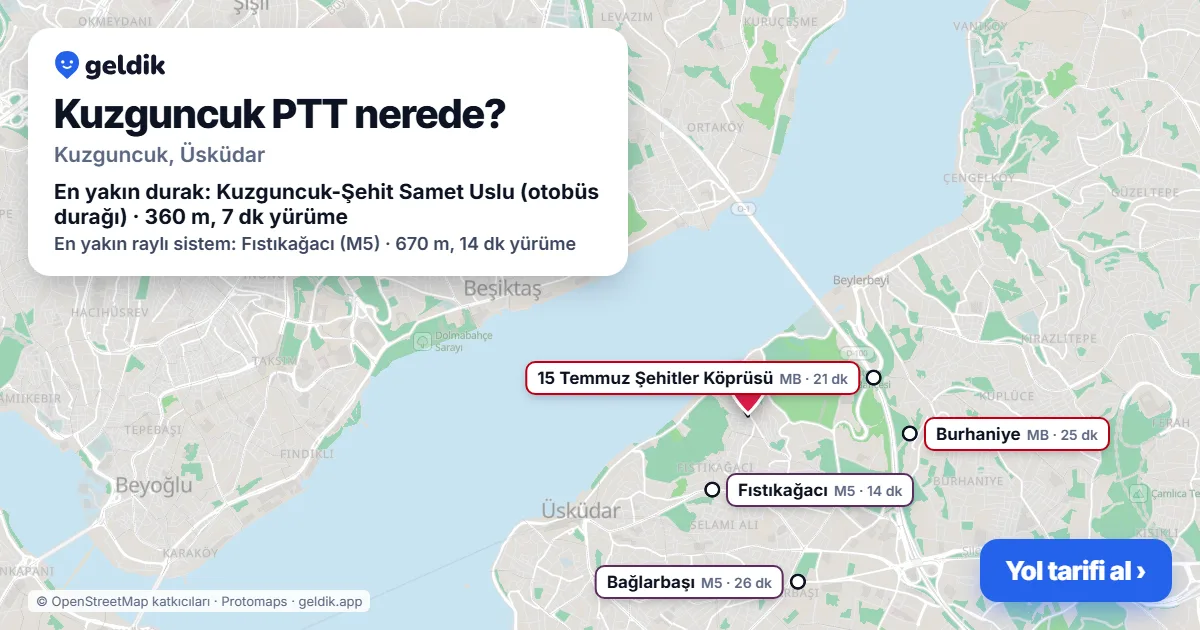 Kuzguncuk PTT nerede: haritada konumu ve en yakın duraklar, yürüme süreleriyle