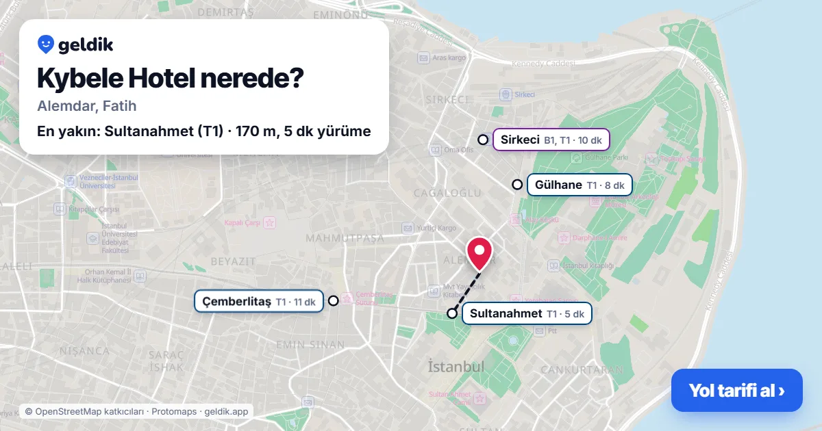 Kybele Hotel nerede: haritada konumu ve en yakın duraklar, yürüme süreleriyle