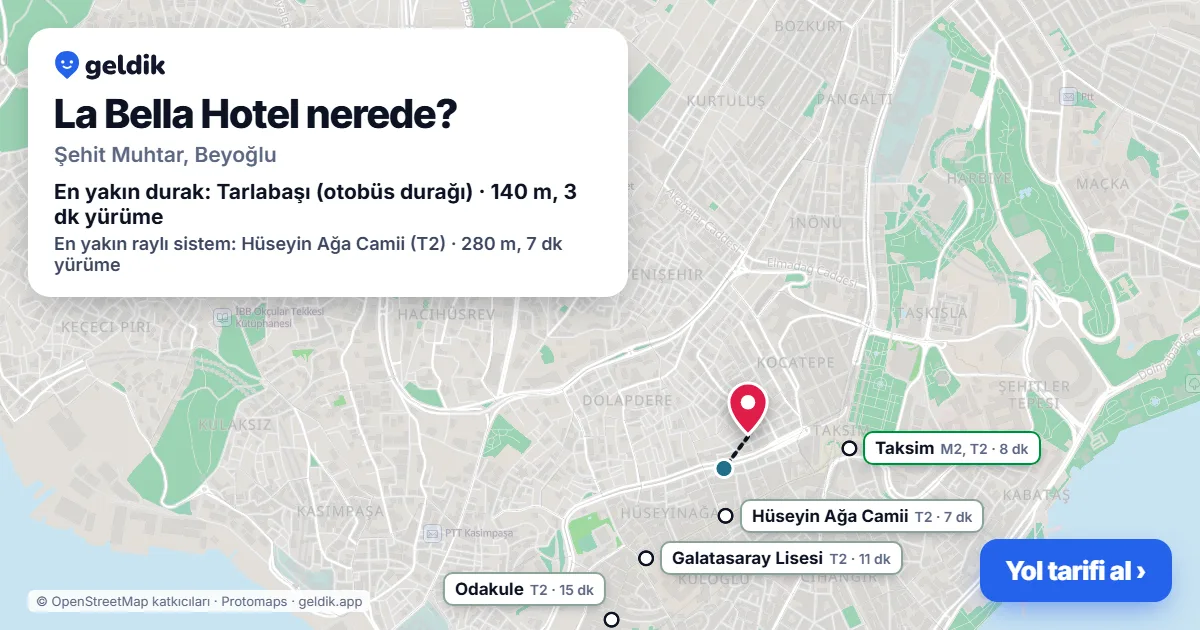 Where is La Bella Hotel: map with its location and the nearest stops, with walking times