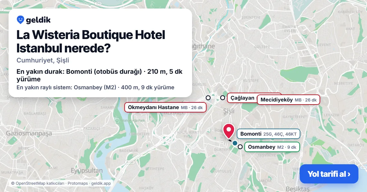 La Wisteria Boutique Hotel Istanbul nerede: haritada konumu ve en yakın duraklar, yürüme süreleriyle