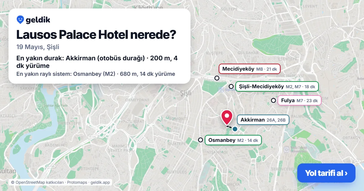 Where is Lausos Palace Hotel: map with its location and the nearest stops, with walking times