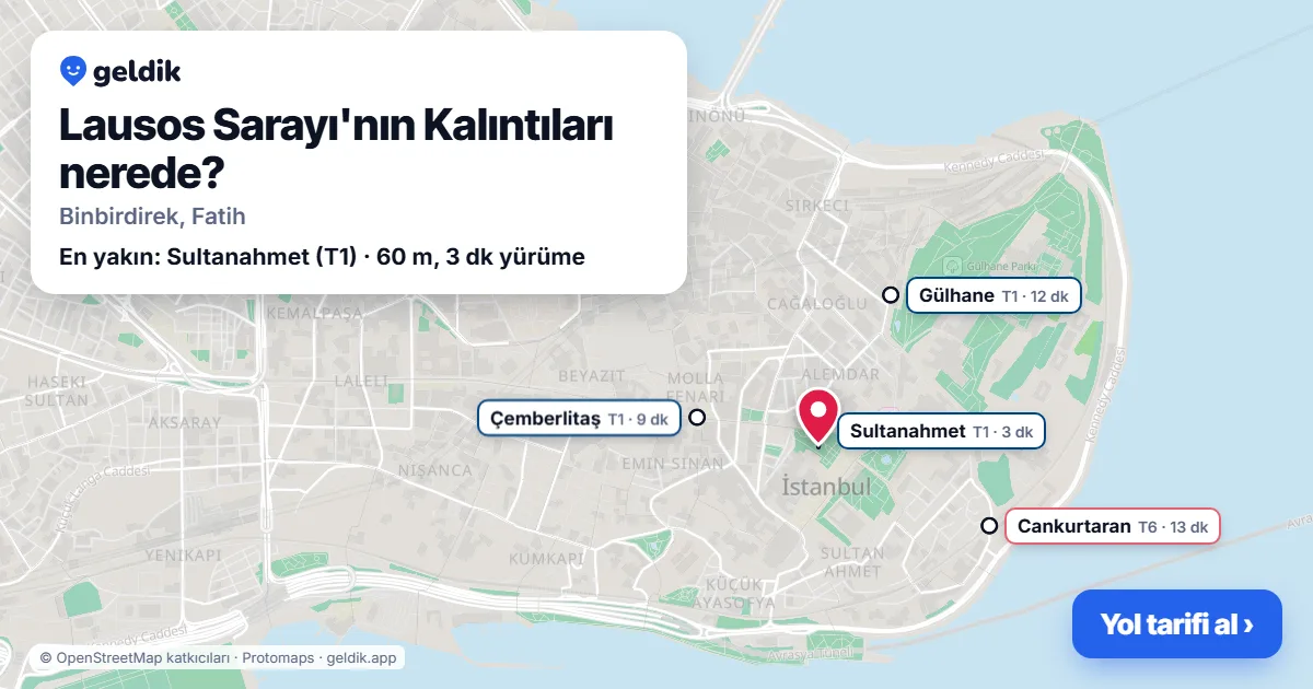 Where is Lausos Sarayı'nın Kalıntıları: map with its location and the nearest stops, with walking times