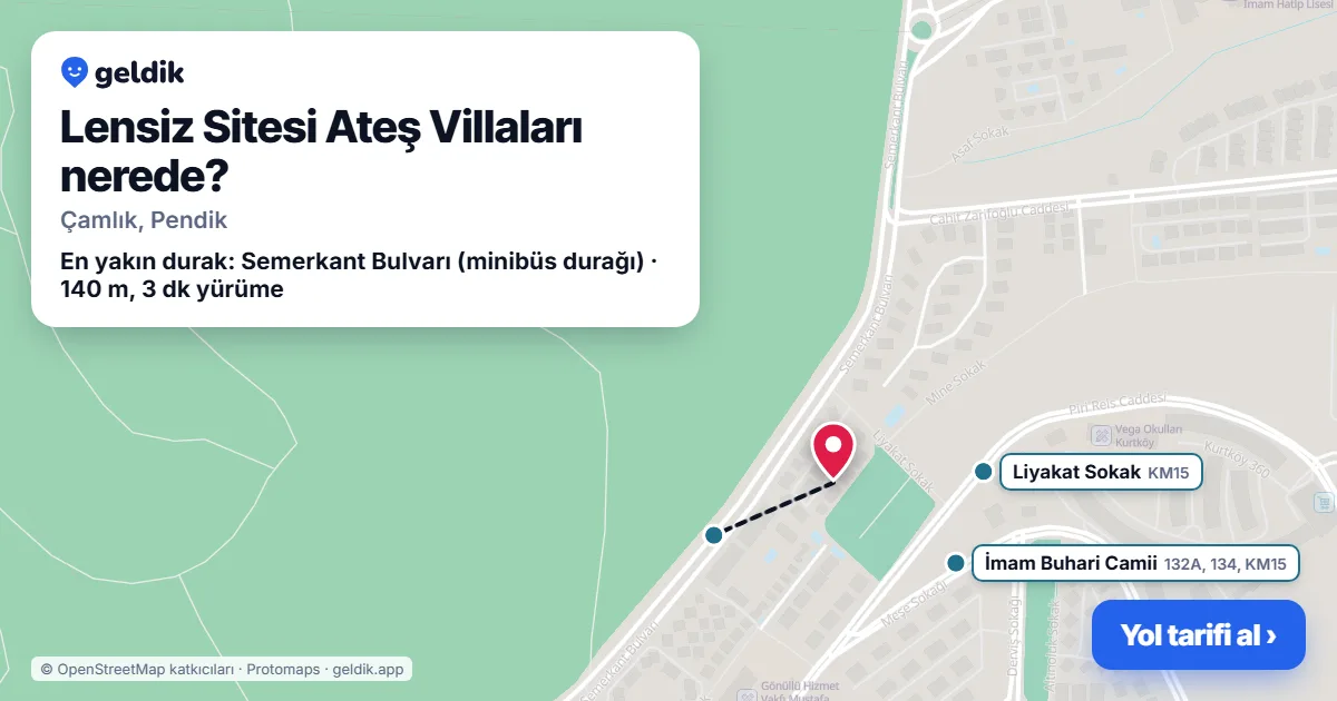 Lensiz Sitesi Ateş Villaları nerede: haritada konumu ve en yakın duraklar, yürüme süreleriyle