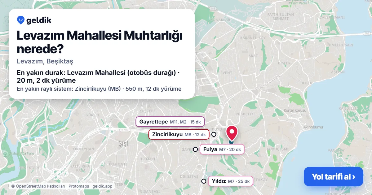 Levazım Mahallesi Muhtarlığı nerede: haritada konumu ve en yakın duraklar, yürüme süreleriyle