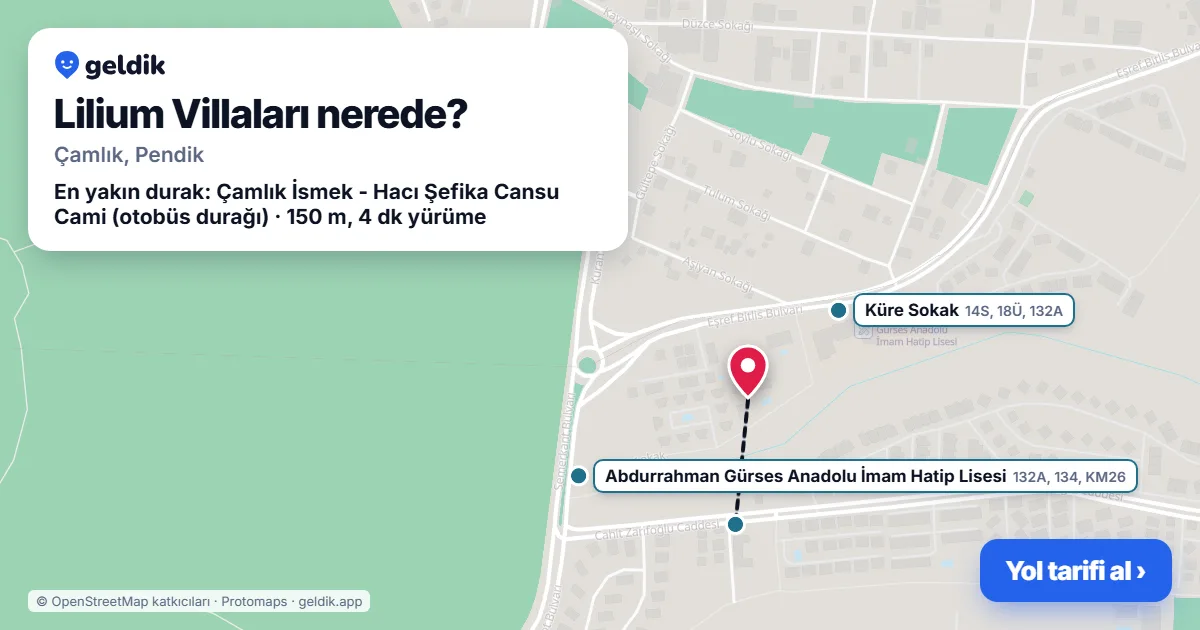 Lilium Villaları nerede: haritada konumu ve en yakın duraklar, yürüme süreleriyle