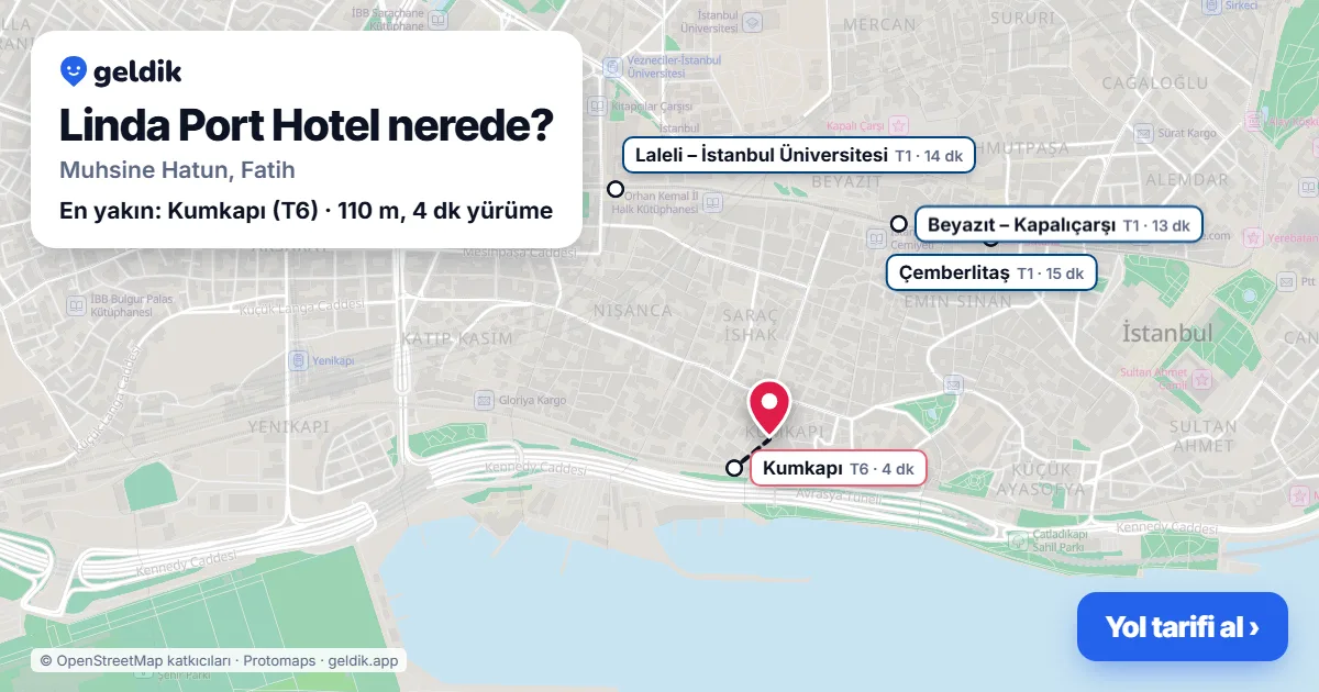 Linda Port Hotel nerede: haritada konumu ve en yakın duraklar, yürüme süreleriyle