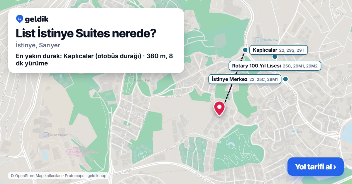 Where is List İstinye Suites: map with its location and the nearest stops, with walking times