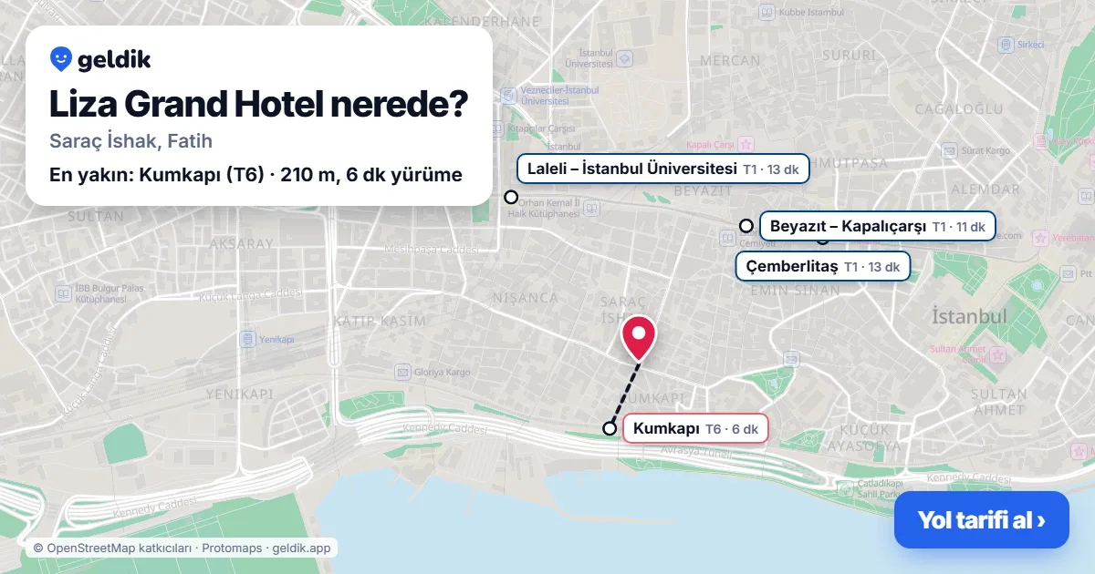 Liza Grand Hotel nerede: haritada konumu ve en yakın duraklar, yürüme süreleriyle
