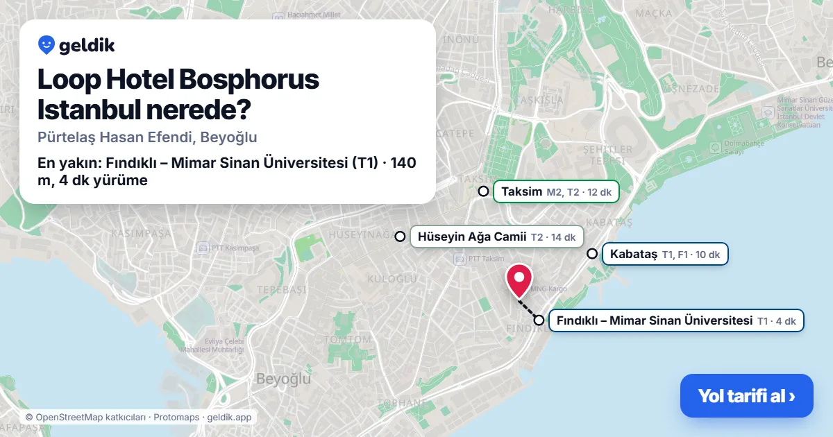 Loop Hotel Bosphorus Istanbul nerede: haritada konumu ve en yakın duraklar, yürüme süreleriyle