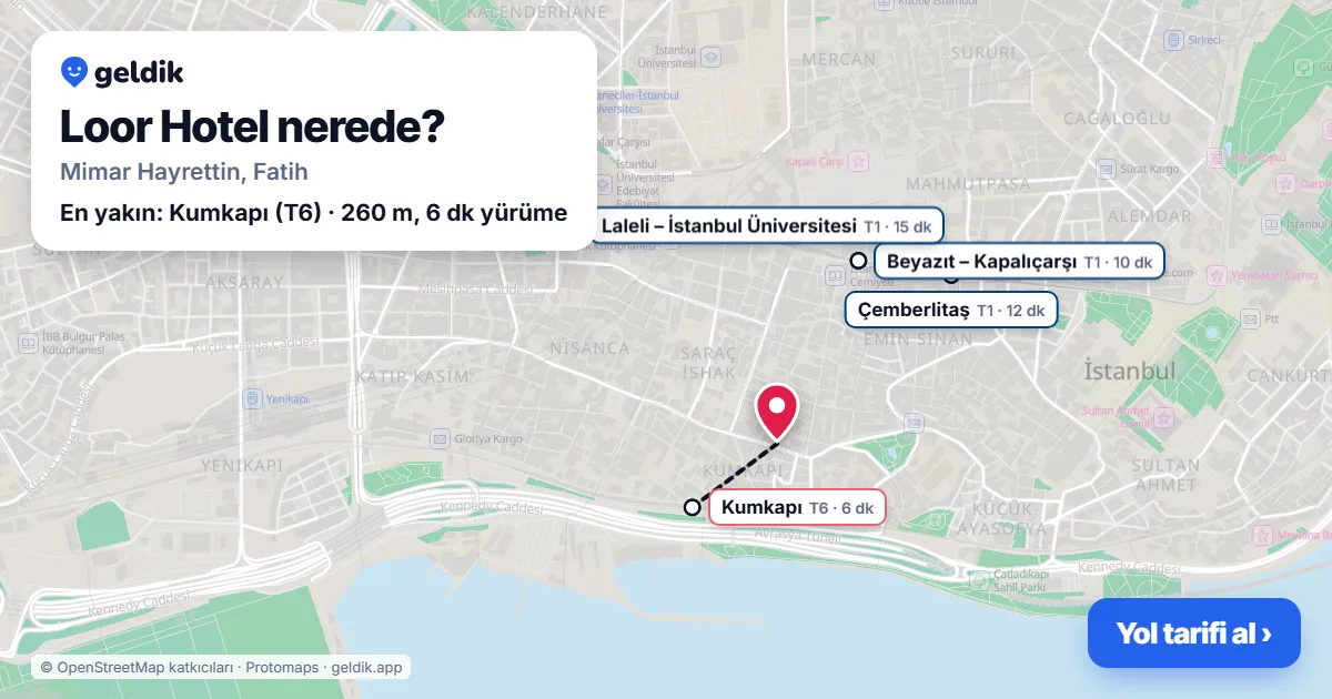 Where is Loor Hotel: map with its location and the nearest stops, with walking times