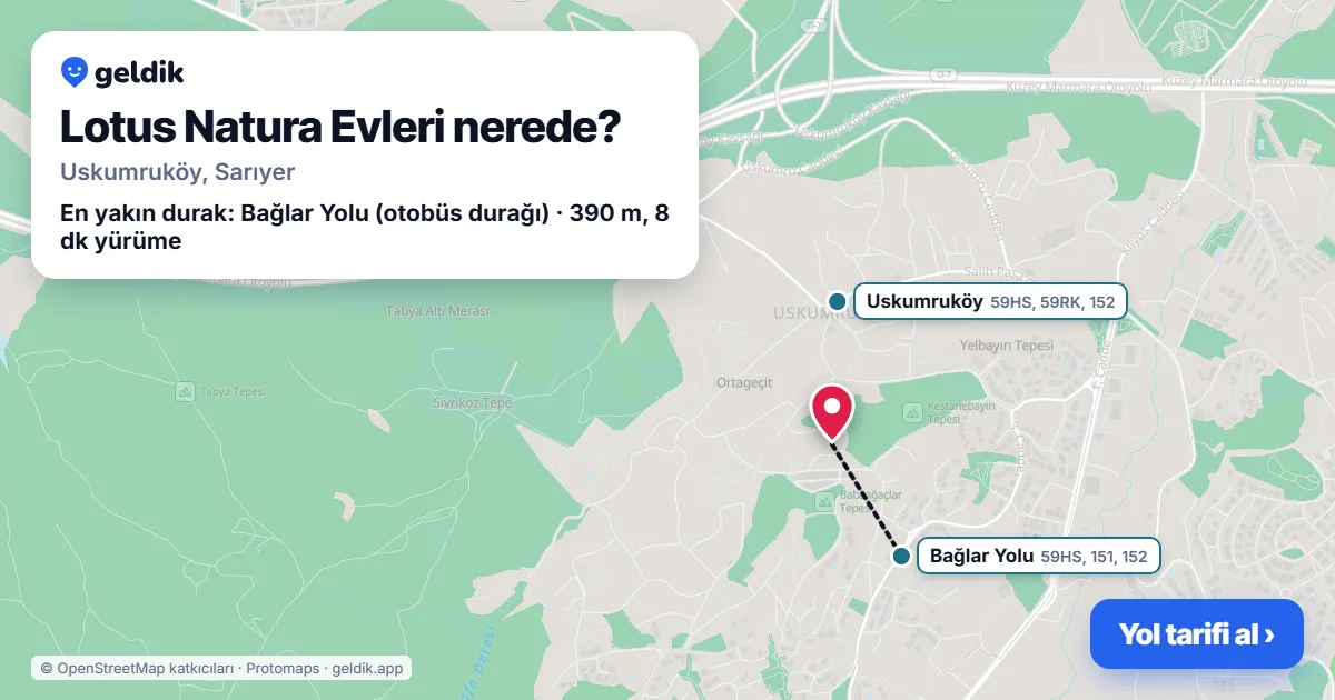 Lotus Natura Evleri nerede: haritada konumu ve en yakın duraklar, yürüme süreleriyle