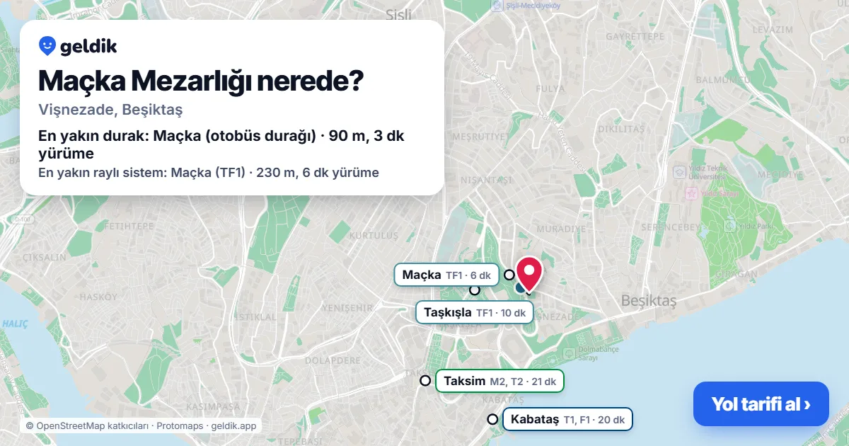 Where is Maçka Mezarlığı: map with its location and the nearest stops, with walking times