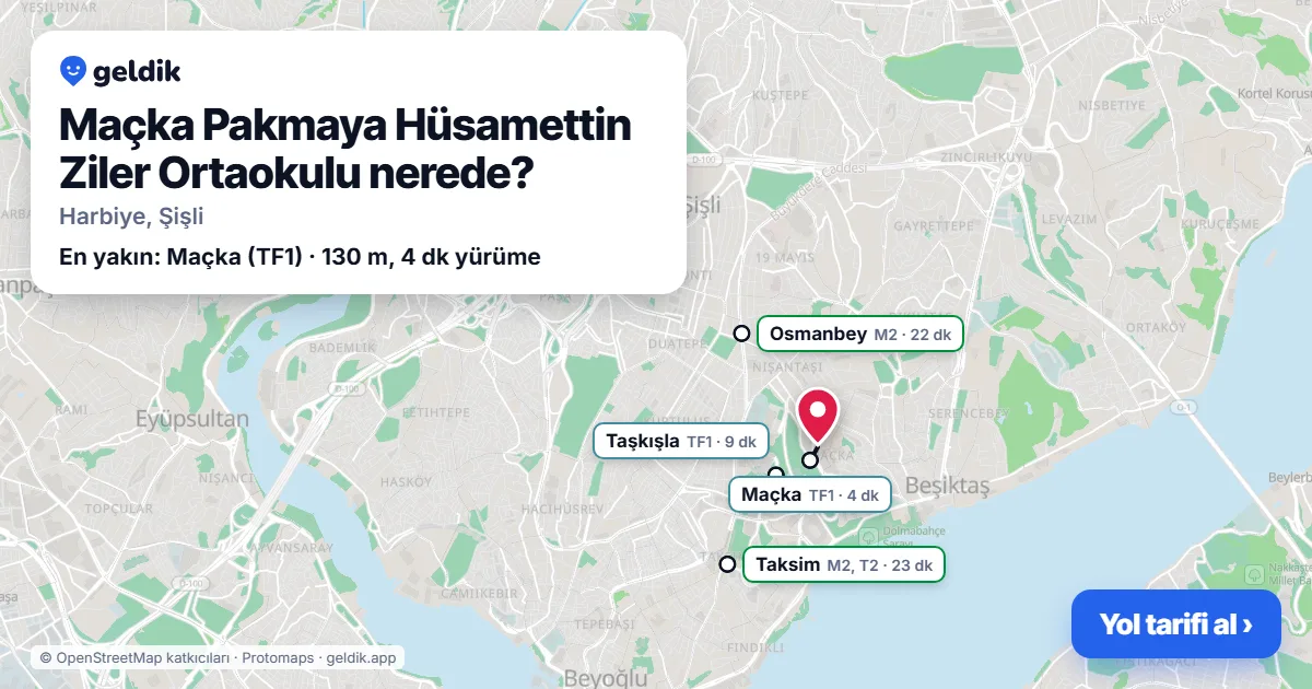 Where is Maçka Pakmaya Hüsamettin Ziler Ortaokulu: map with its location and the nearest stops, with walking times