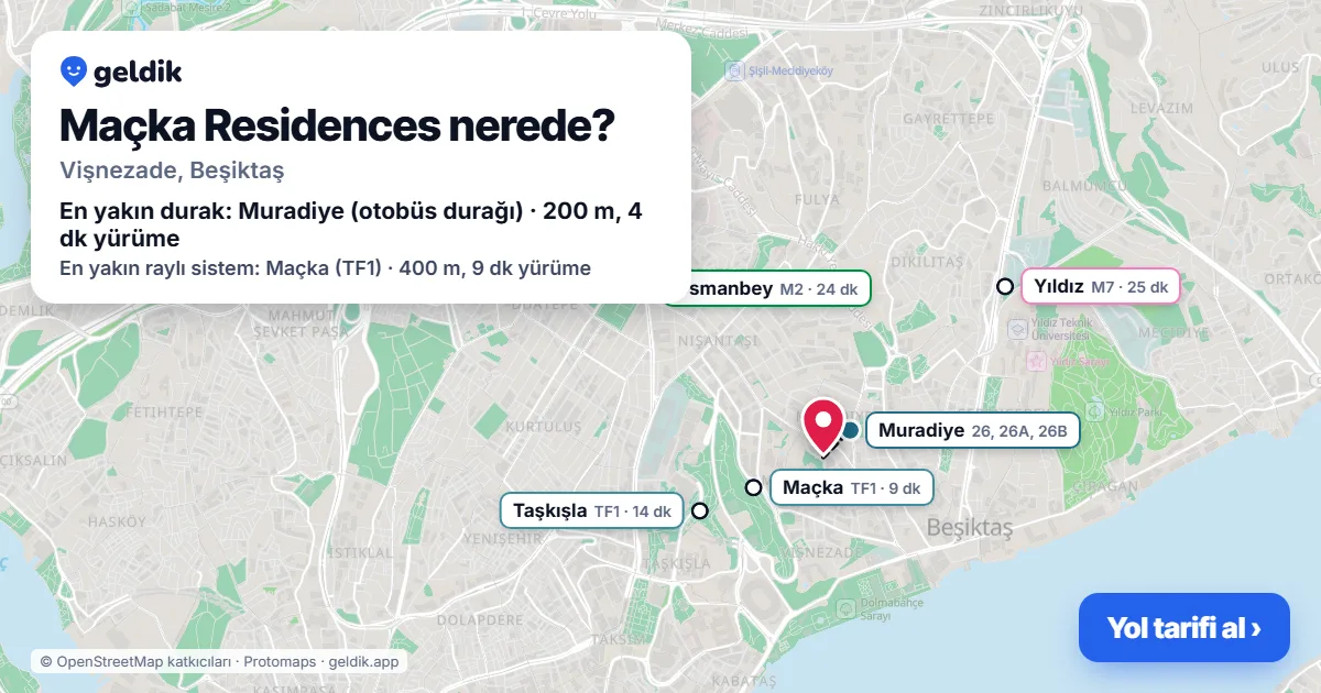 Where is Maçka Residences: map with its location and the nearest stops, with walking times