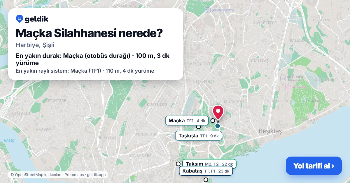 Maçka Silahhanesi nerede: haritada konumu ve en yakın duraklar, yürüme süreleriyle