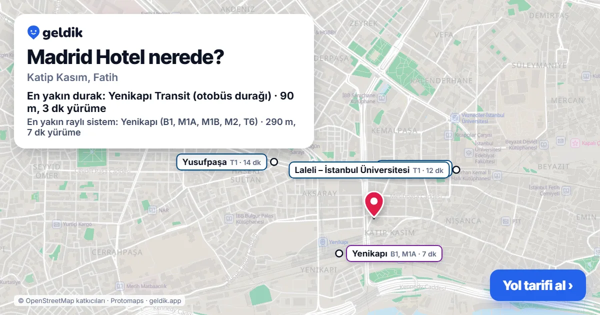 Madrid Hotel nerede: haritada konumu ve en yakın duraklar, yürüme süreleriyle