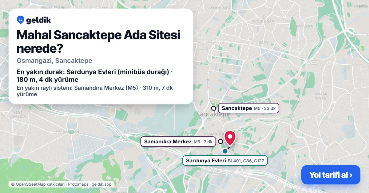 Mahal Sancaktepe Ada Sitesi nerede: haritada konumu ve en yakın duraklar, yürüme süreleriyle