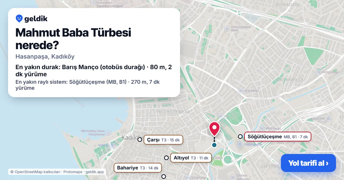 Mahmut Baba Türbesi nerede: haritada konumu ve en yakın duraklar, yürüme süreleriyle