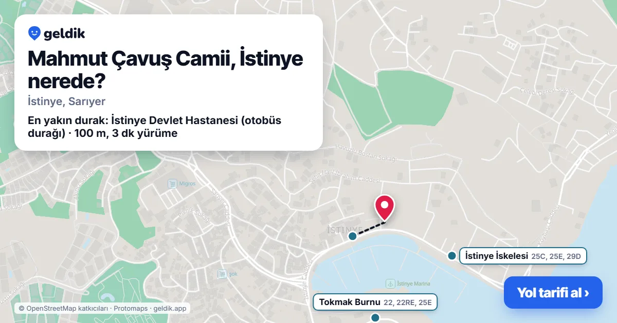 Mahmut Çavuş Camii, İstinye nerede: haritada konumu ve en yakın duraklar, yürüme süreleriyle