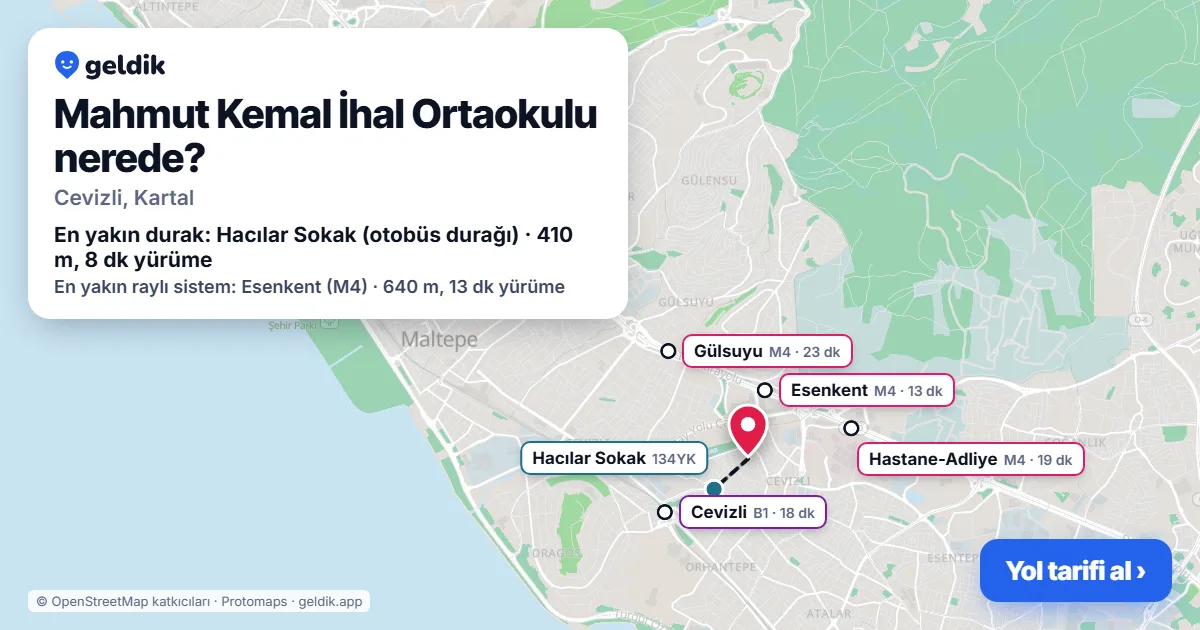 Where is Mahmut Kemal İhal Ortaokulu: map with its location and the nearest stops, with walking times