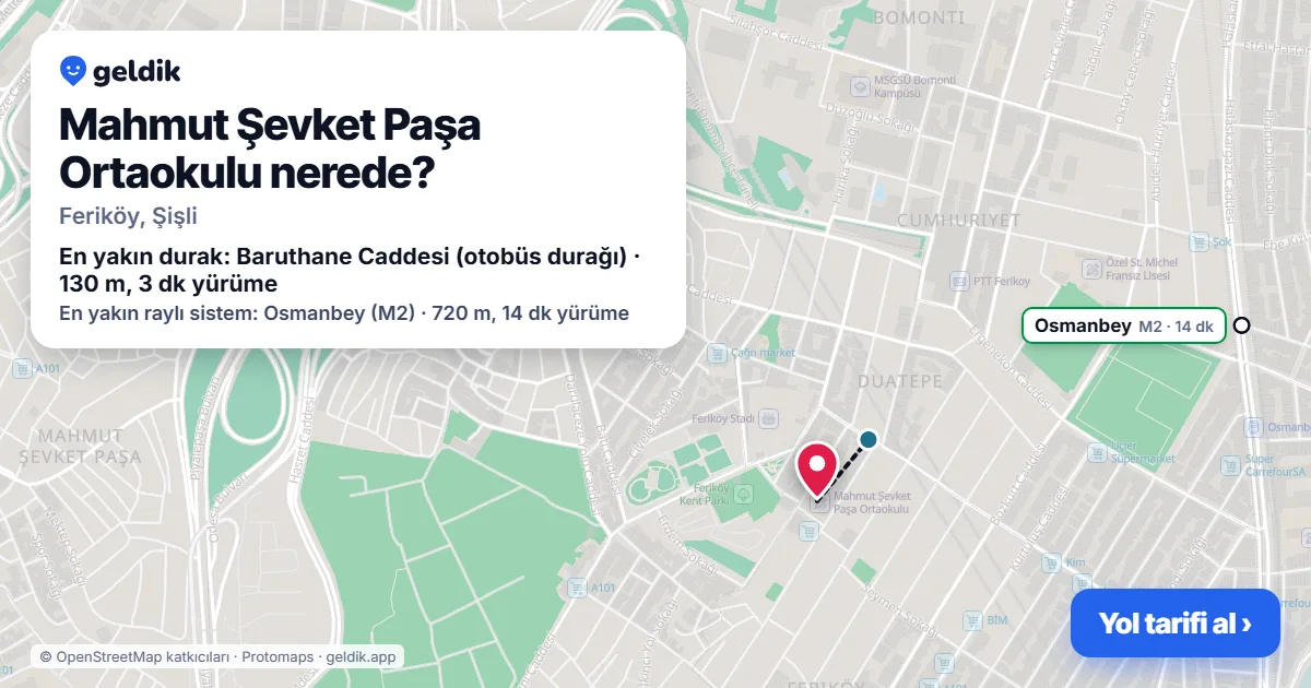 Where is Mahmut Şevket Paşa Ortaokulu: map with its location and the nearest stops, with walking times