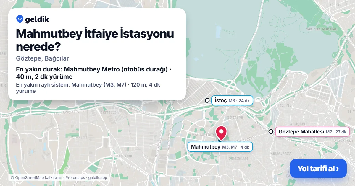 Mahmutbey İtfaiye İstasyonu nerede: haritada konumu ve en yakın duraklar, yürüme süreleriyle