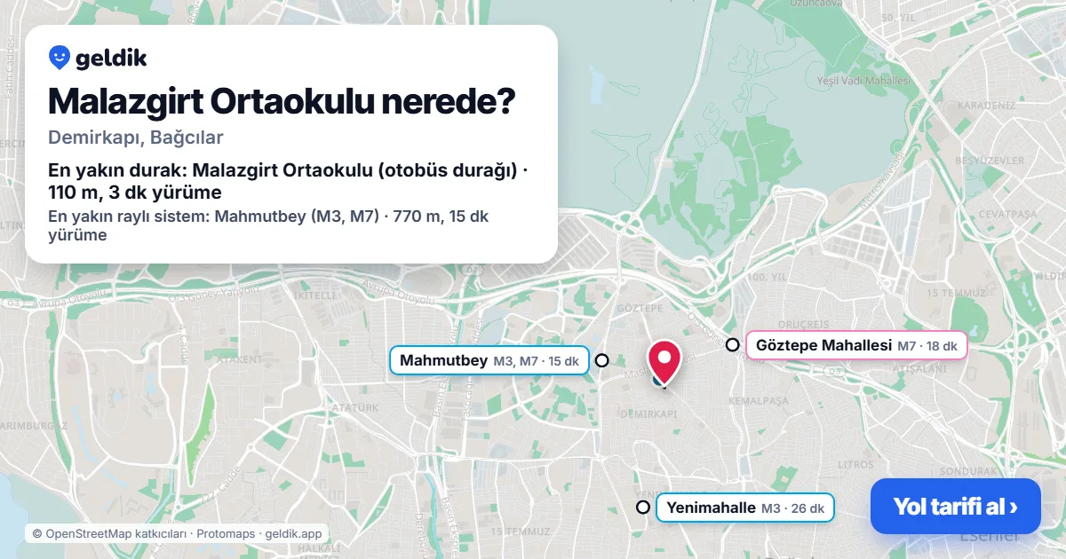 Malazgirt Ortaokulu nerede: haritada konumu ve en yakın duraklar, yürüme süreleriyle
