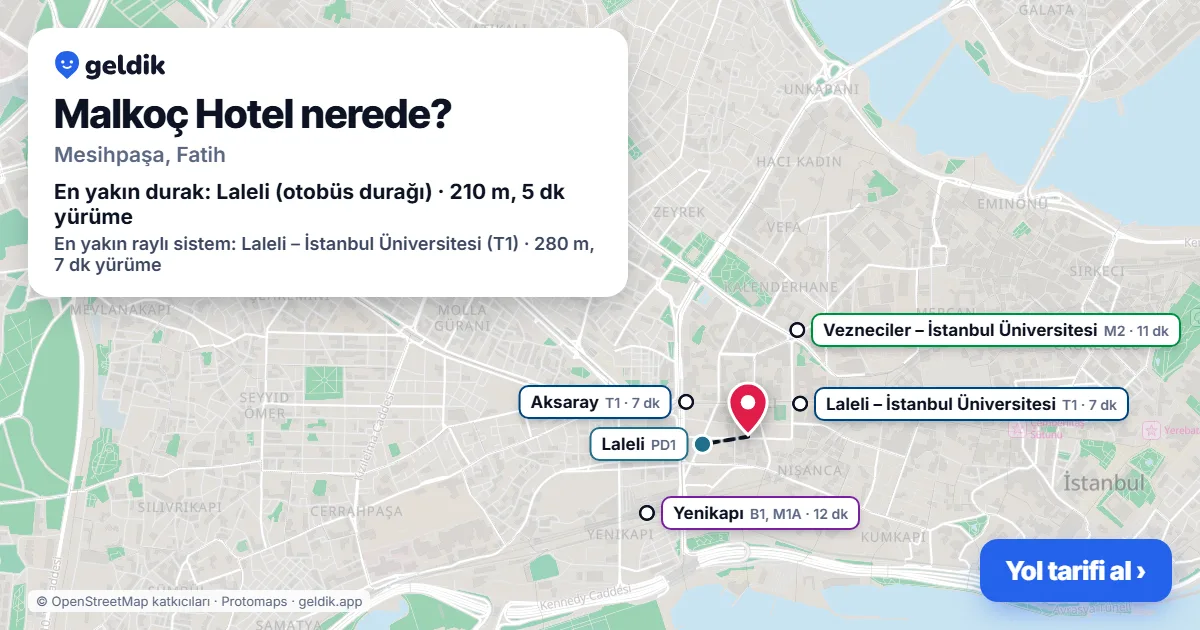 Where is Malkoç Hotel: map with its location and the nearest stops, with walking times