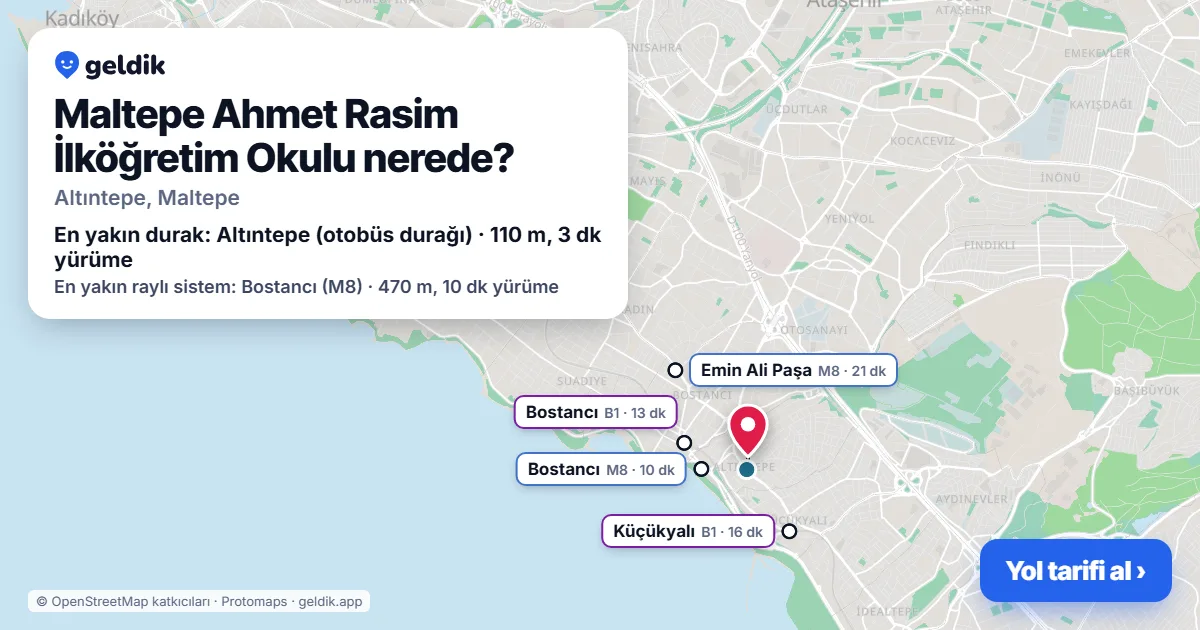 Maltepe Ahmet Rasim İlköğretim Okulu nerede: haritada konumu ve en yakın duraklar, yürüme süreleriyle