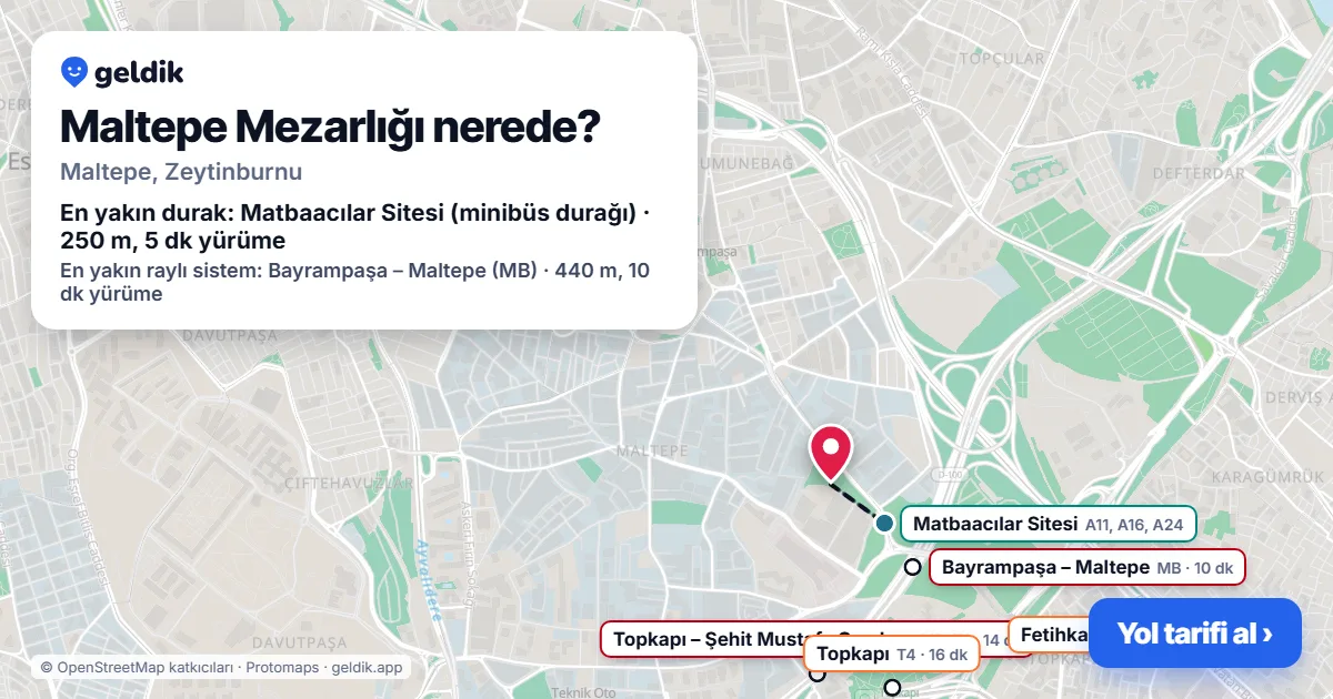 Maltepe Mezarlığı nerede: haritada konumu ve en yakın duraklar, yürüme süreleriyle