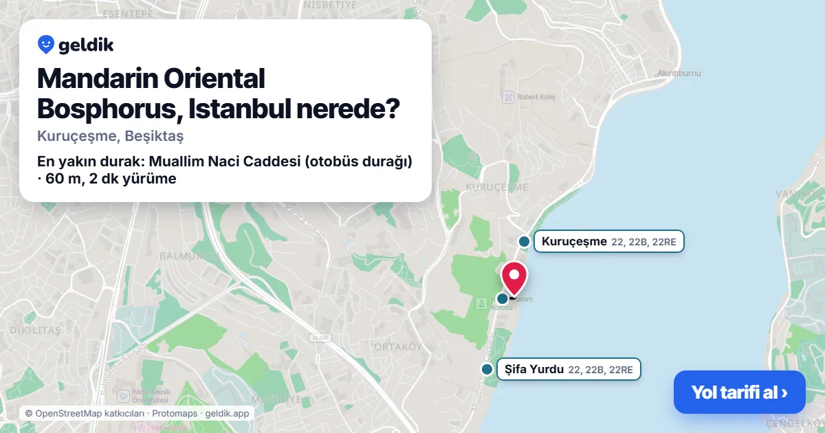 Mandarin Oriental Bosphorus, Istanbul nerede: haritada konumu ve en yakın duraklar, yürüme süreleriyle