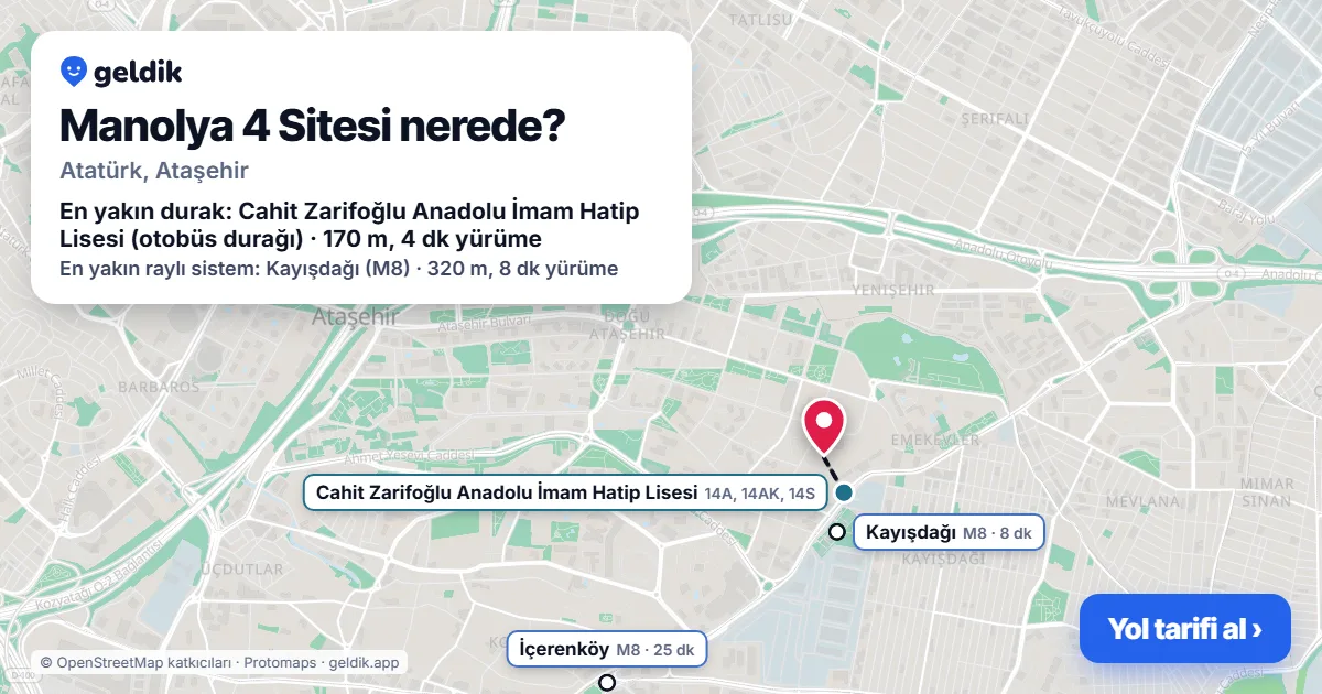 Where is Manolya 4 Sitesi: map with its location and the nearest stops, with walking times