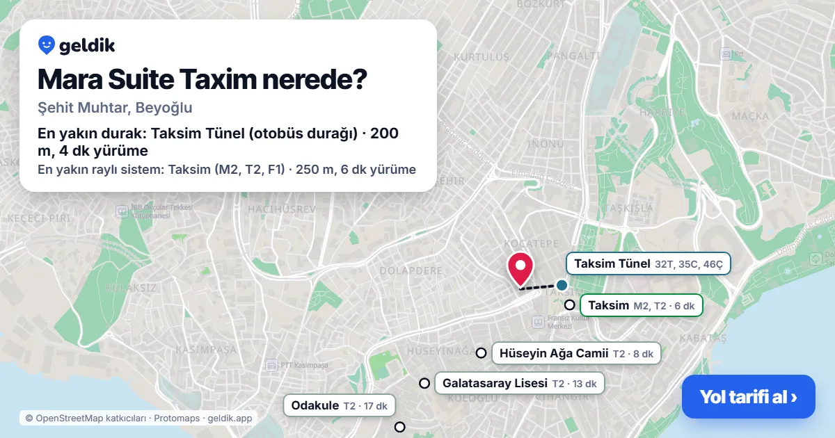 Where is Mara Suite Taxim: map with its location and the nearest stops, with walking times