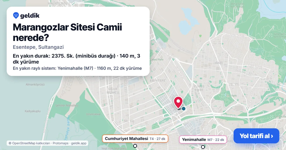 Where is Marangozlar Sitesi Camii: map with its location and the nearest stops, with walking times