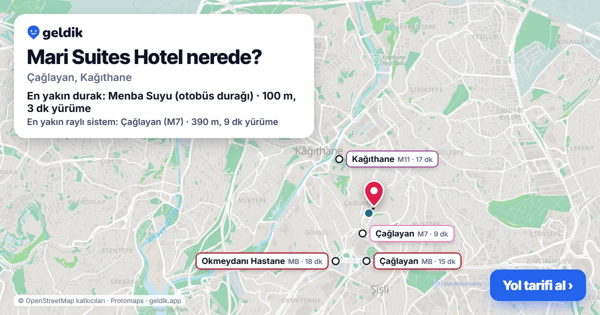 Mari Suites Hotel nerede: haritada konumu ve en yakın duraklar, yürüme süreleriyle