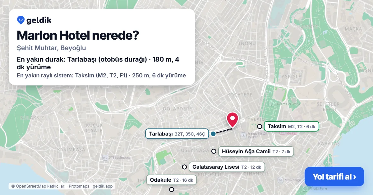 Where is Marlon Hotel: map with its location and the nearest stops, with walking times